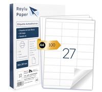 Raylu Paper - Étiquettes Autocollantes Blanches à Imprimer, Étiquettes Auto-Adhésives à Personnaliser, sur Feuilles A4 pour Imprimantes et Photocopieuses, 27 Étiquettes par Feuille (70 x 32 mm)