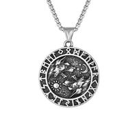 Raymard Collier Viking Rune Double Tête de Loup en Acier Inoxydable Pendentif Lune et Soleil pour Homme avec Chaîne Rolo de 61 cm