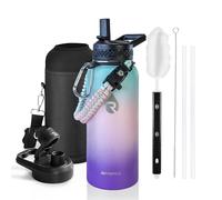 RAYMYLO Bouteille d'eau isotherme de 950 ml en acier inoxydable à triple paroi (froide pendant 48 heures), anti-fuite et sans BPA, carafe d'eau moderne avec poignée en paracorde et couvercles à bec à