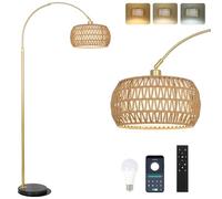 Rayofly Doré lampadair Moderne avec Abat-jour en Rotin, Boho Design avec Télécommande et Ampoule LED, Contrôle App, Intensité Variable pour Chambre
