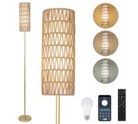 Rayofly Doré Lampadaire Réglable et Télécommandé, Contrôle par App, en Rotin avec Abat-jour en Rotin & Lin, Moderne pour Salon, Chambre, Bureau (Ampoule Incluse)