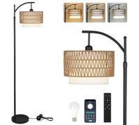 Rayofly Lampadaire à arc pour salon, lampe de sol à intensité variable avec télécommande, lampe sur pied bohème avec double abat-jour en rotin et lin, lampe de lecture noire pour chambre à coucher