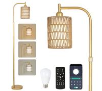 Rayofly Lampadaire à Intensité Variable en Rotin Doré avec Télécommande, Contrôle App, Abat-jour en Rotin et Lin pour Salon, Chambre à Coucher