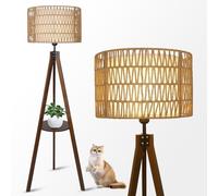 Rayofly - Lampadaire en bois avec étagère et trépied, Boho avec abat-jour en rotin & lin, pour le salon ou la chambre à coucher