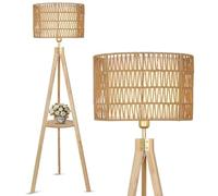 Rayofly Lampadaire Salon, Lampadaire en Bois avec Etagère, Lampe sur Pied Vintage avec Abat-jour en Rotin & Lin, Lampe sur Pied en Rotin avec Trépied, Rétro Floor Lamp, Plancher Boho pour Chambre