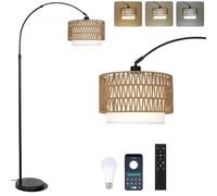 Rayofly Lampe à Arc Salon - Lampadaire en Rotin avec Télécommande et Ampoule LED, Contrôle par Application, Vintage avec Double Abat-Jour, Boho pour Chambre à Coucher