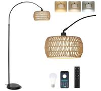Rayofly lampe à arc salon lampadaire, lampadaire vintage avec abat-jour en rotin, lampadaire boho avec télécommande et ampoule LED, contrôle par application, lampadaire à intensité variable, HLF06