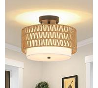 Rayofly Plafonnier Boho Salon, Plafonnier Vintage en rotin avec abat-jour en lin, Semi Flush Mount Lampe de Plafond en bambou,Lampe à suspendre rustique pour chambre à coucher cuisine table à manger
