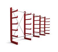Rayonnage à bras en porte-à-faux STIER, simple, 4 travées avec 5 niveaux 5200x2000x500 mm, rouge feu