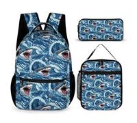 rayprint Ensemble sac à dos Bookbag Shark (14) avec boîte à lunch et trousse de toilette, sac à dos de voyage pour ordinateur portable, sac à dos décontracté