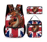 rayprint Ensemble sac à dos pour ordinateur portable avec sac à lunch et sac à dos de voyage pour maquillage (drapeau britannique et dragon)