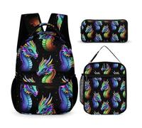 rayprint Sac à dos avec boîte à lunch et trousse de toilette - Sac à dos coloré à motif dragon - Sacs de rangement