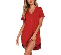 Rayson Chemise de Nuit Femme Nuisette Col V Manches Manches Courtes Bouton vers Bas Robe Nuit Ouvert Devant Soirée Lâche Couleur Solide Chemise de Nuit Longue(Rose,M)