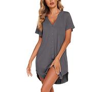 Rayson Chemise de Nuit Femme Nuisette Col V Manches Manches Courtes Bouton vers Bas Robe Nuit Ouvert Devant Soirée Lâche Couleur Solide Chemise de Nuit Longue(Gris,XL)