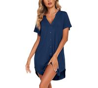Rayson Chemise de Nuit Femme Nuisette Col V Manches Manches Courtes Bouton vers Bas Robe Nuit Ouvert Devant Soirée Lâche Couleur Solide Chemise de Nuit Longue(Bleu,S)