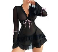 Rayson Femme Nuisette Transparente Volants Con String Chemise de Nuit Col V Manches Longues Hot Lingerie Coquine Nuisettes Tenue Robe de Nuit Ensemble Lingerie Dentelle
