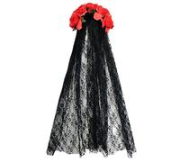 Rayson Florale Couronne avec Voile di Halloween Vintage Bandeau Femme avec Rose Serre Tête Jour des Morts Noir Coiffe de Deguisement Accessoire(Rouge)