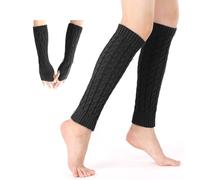 Rayson Set de Jambières et Mitaines Gants Hiver Femme Jambières Chaudes Tricot Chaussettes Doux au Crochet en Motif Tressé Gants Sans Doigts Mitaines Demi Doigts Extensible Tricotés Gants,Noir