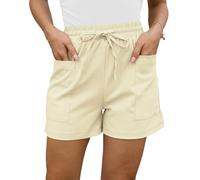 Rayson Short Femme Ete Casual avec Poches Ample Sport Jogging Loisirs Couleur Unie Sport Pantalon Court Taille Haute(Beige,M)