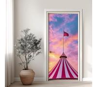 Rayures Blanc Rouge Effet 3D Sticker Porte, Tente Cirque Papier Autocollant Porte Mural Décoration, Drapeau Rouge Stickers Muraux Amovible PVC 95x215 cm