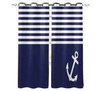 Rayures bleues blanches Ancre Nautique Rideau Occultant Thermiques 3D 2 Panneaux Rideaux Salon À Oeillets Isolant Thermiques Décoration De Fenêtre pour Enfants Salon Chambre 2 x 58.5L x 137H cm