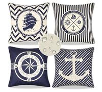 Rayures Bleues Enveloppe de Coussin 50 x 50 Taie Coussin Mperméable Exterieur Housse Doreiller Boussole Ancre Voilier Lot de 4 Lin Housse Coussin Convient Pour Patio Jardin Sofa Coussin Décor