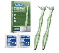 RAZOKO Deep Reach Dental Flosser System - 160 têtes de recharge + 2 longues poignées réutilisables, sans PFAS et résistant à la déchirure pour les endroits difficiles à atteindre, vert