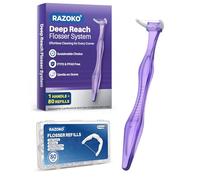 RAZOKO Deep Reach Flosser System - 80 têtes de recharge + 1 long manche réutilisable, sans PFAS et résistant à la déchirure pour les endroits difficiles à atteindre, violet