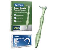 RAZOKO Deep Reach Flosser System - 80 têtes de recharge + 1 long manche réutilisable, sans PFAS et résistant à la déchirure pour les endroits difficiles à atteindre, vert
