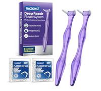RAZOKO Deep Reach Système de fil dentaire - 160 têtes de recharge + 2 longues poignées réutilisables, sans PFAS et résistant à la déchirure pour les zones difficiles à atteindre, violet