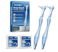 RAZOKO Deep Reach Système de fil dentaire - 160 têtes de recharge + 2 longues poignées réutilisables, sans PFAS et résistant à la déchirure pour les zones difficiles à atteindre, bleu