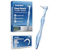 RAZOKO Deep Reach Système de fil dentaire - 80 têtes de recharge + 1 long manche réutilisable, sans PFAS et résistant à la déchirure pour les zones difficiles à atteindre, bleu