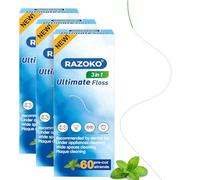 RAZOKO Fil dentaire 3 en 1 pour appareils dentaires et ponts - 180 pièces avec aide à l'enfilage intégrée, extensible comme une éponge, sans PFAS, goût de menthe glacée