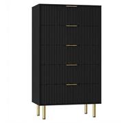 RBFGYIOP Commode moderne en bois rainuré, 5 ou 6 tiroirs spacieux, poignées en métal, idéale pour chambre à coucher, salon ou couloir, polyvalente, noire