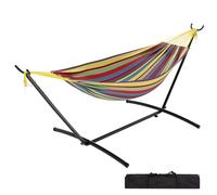 RBFGYIOP Hamac de jardin double avec support en acier robuste, portable et peu encombrant, capacité de 227 kg, idéal pour patio, camping ou maison, avec sac de transport, rayures arc-en-ciel jaune