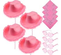Rcanedny Lot de 12 chapeaux de cowboy à bord plume avec lunettes de soleil en forme de cœur et serviette carrée pour femmes et filles, chapeaux de cowboy pour Halloween, ensemble rose
