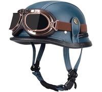 RCGNR Casque de Moto Vintage Cuir Retro Vintage Scooter Open Face Demi Casque de Cuir avec UV Lunettes Approuvé ECE pour Homme et Femme Adultes Demi-Casques,Bleu,M