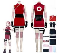 Rcrllya Anime Personnage Haruno Sakura Cosplay Costume Outfit Jeu de Rôle Rouge Uniforme Ensemble Complet Halloween Carnaval Party Dress Up Costume avec Perruque (Costume,S)