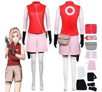 Rcrllya Anime Personnage Haruno Sakura Cosplay Costume Outfit Jeu de Rôle Rouge Uniforme Ensemble Complet Halloween Carnaval Party Dress Up Costume avec Perruque (Costume,XXXL)