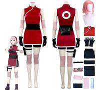 Rcrllya Anime Personnage Haruno Sakura Cosplay Costume Outfit Jeu de Rôle Rouge Uniforme Ensemble Complet Halloween Carnaval Party Dress Up Costume avec Perruque (Perruque+ Costume,L)