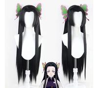 Rcrllya Kochou Kanae Perruque Anime démon Slayer Cosplay Kimetsu no Yaiba Perruque Noir Longs Cheveux Papillon Chapeaux Femmes Halloween Perruques Accessoires