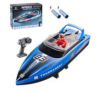RCXTechPro Bateau de vitesse RC à LED pour piscine, étang et lac, bateau embarcation télécommandée de 15 km/h avec deux moteurs, modes haute et basse vitesse pour les amateurs d'adultes - Bleu/1