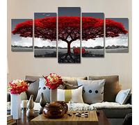 RDCHY Impression sur Toile - Tableau Multi Panneaux - Paysage d'arbre Rouge Tableau Peinture sur Toile Moderne pour Salon Appartement Chambre Décoration, 5 Pieces/sans Cadre