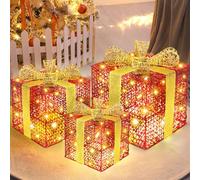 RDDAIPE Boite Cadeau Lumineux Noel, Lot de 3 LED Décoration Lumière Boîtes Cadeaux avec Noeud et 60 LED pour Décoration de Noël,Cheminées,Fêtes,Mariages