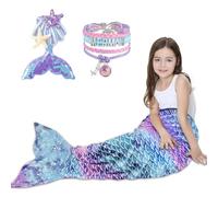 RDDAIPE Couverture Queue de Sirène, Plaid Sirene Enfant Fille, 140x 60cm Couverture Peluche Sirène, Sac de Couchage, Flanelle Peluche, Portable, pour Filles Enfants, Cadeaux de Noël, Violet&Bleu