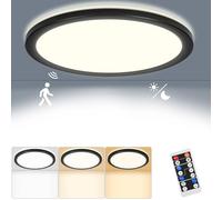 RDGOOD Plafonnier LED à capteur intensité variable avec détecteur de mouvement, 18W 1800lm radar LED plafond, 3000K/4500K/6500K pour salle de bain, garage, sous-sol couloir balcon entrée Ø22x 2,5 cm
