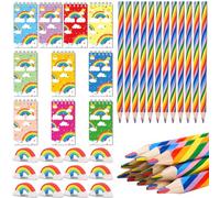 Rdlobu Lot de 34 crayons arc-en-ciel, 12 crayons et 12 gommes ciel, 10 carnets arc pour anniversaire d'enfant, cadeaux d'invités, dessin d'art