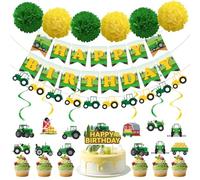 Rdlobu Lot de 34 Décorations d'Anniversaire Tracteur | Bannière Happy Birthday, Tourbillon à Suspendre, Décoration de Gâteau, Thème Ferme, Pour Garçons et Filles