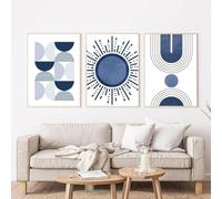 RDRDtbtr Boho Blue Murale Art Mid Century Sun Géométrique Toile tableau Peinture Abstraite Moderne Affiches Nordique Tableaux Salon Decoration À La Maison 50x70cmx3 Sans Cadre