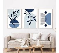 RDRDtbtr Peinture sur Toile tableau avec lignes géométriques et feuilles bleues art mural abstrait moderne style bohème nordique pour salon Decoration d'intérieur 50 x 70 cm 3 sans cadre